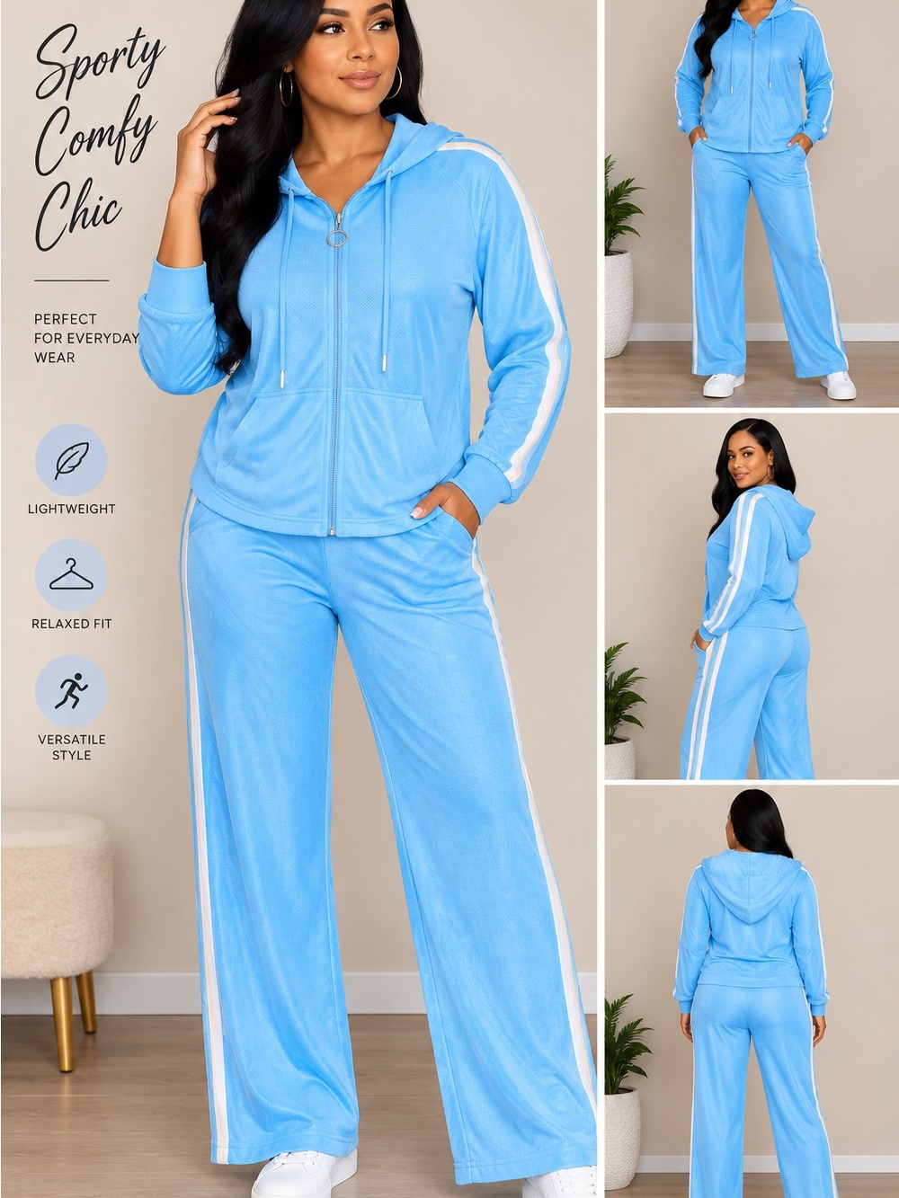 Marika Light Blue Hooded Track Pants with White Stripes